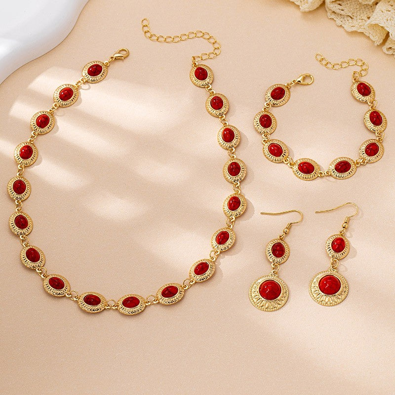 Classy Vintage Red Oval Necklace, Bracelet & Earring Set