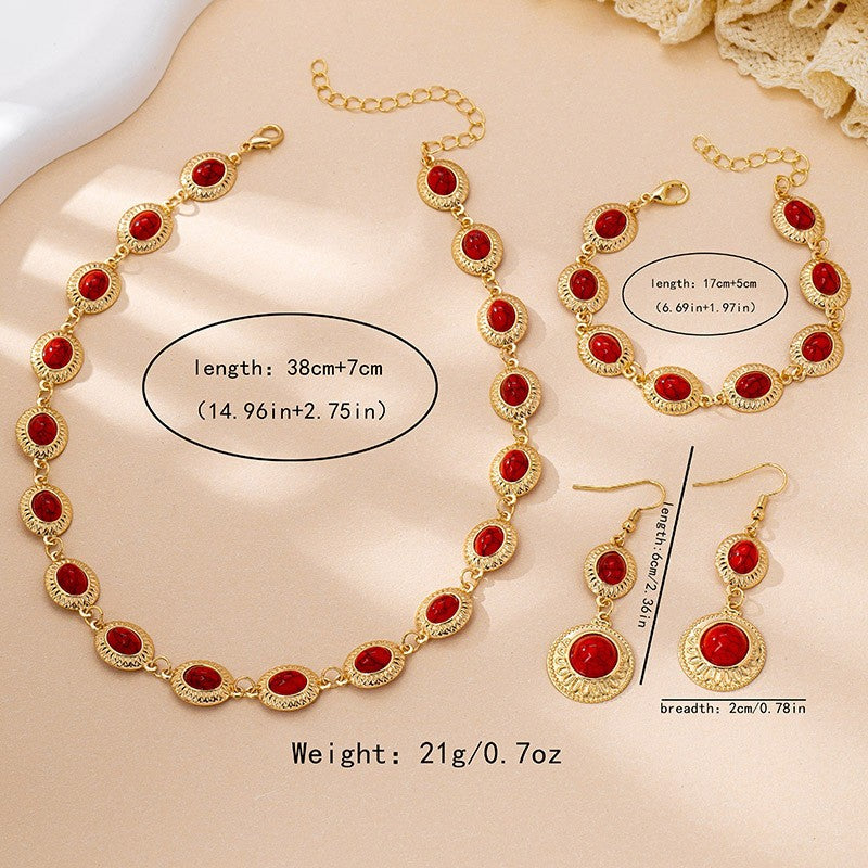 Classy Vintage Red Oval Necklace, Bracelet & Earring Set