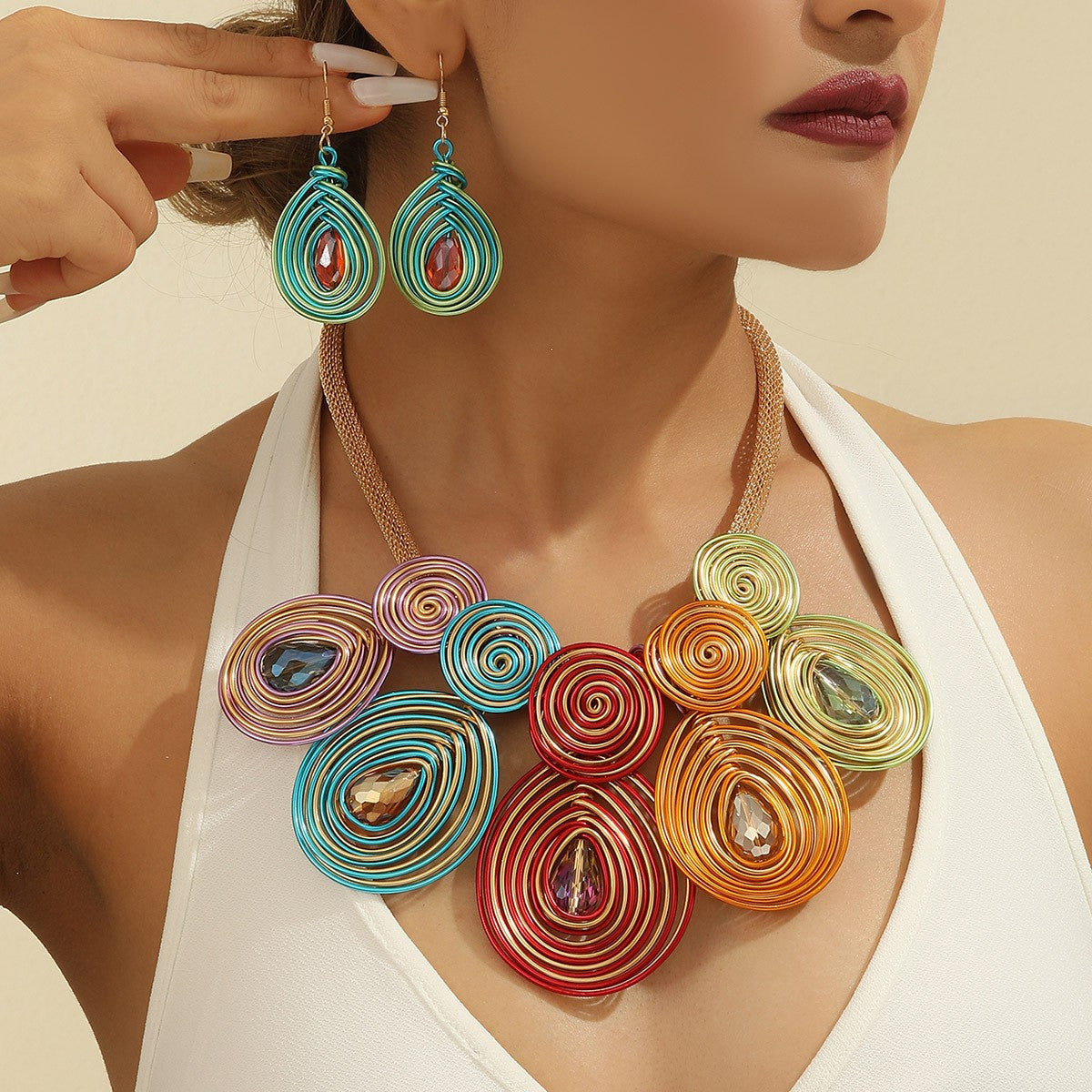 Boho Multicolor Spiral Wire Necklace & Earring Set