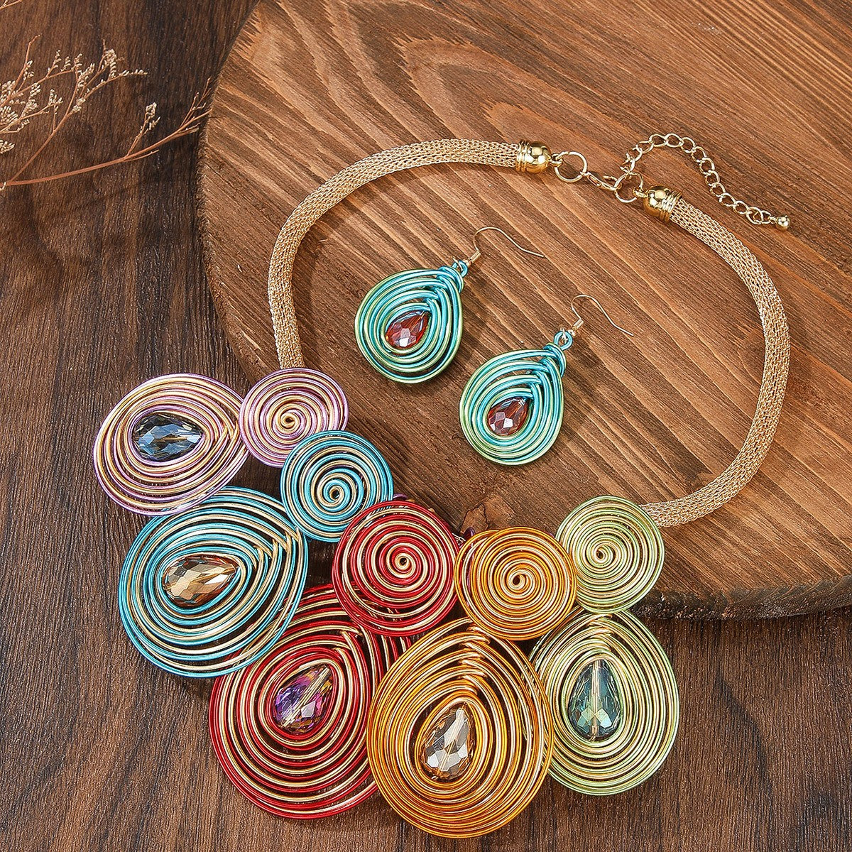 Boho Multicolor Spiral Wire Necklace & Earring Set