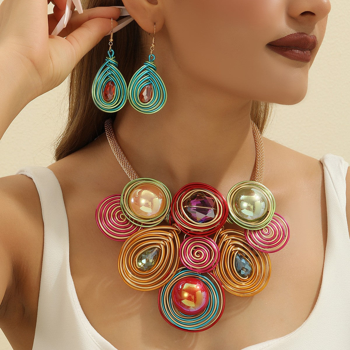 Boho Multicolor Spiral Wire Necklace & Earring Set