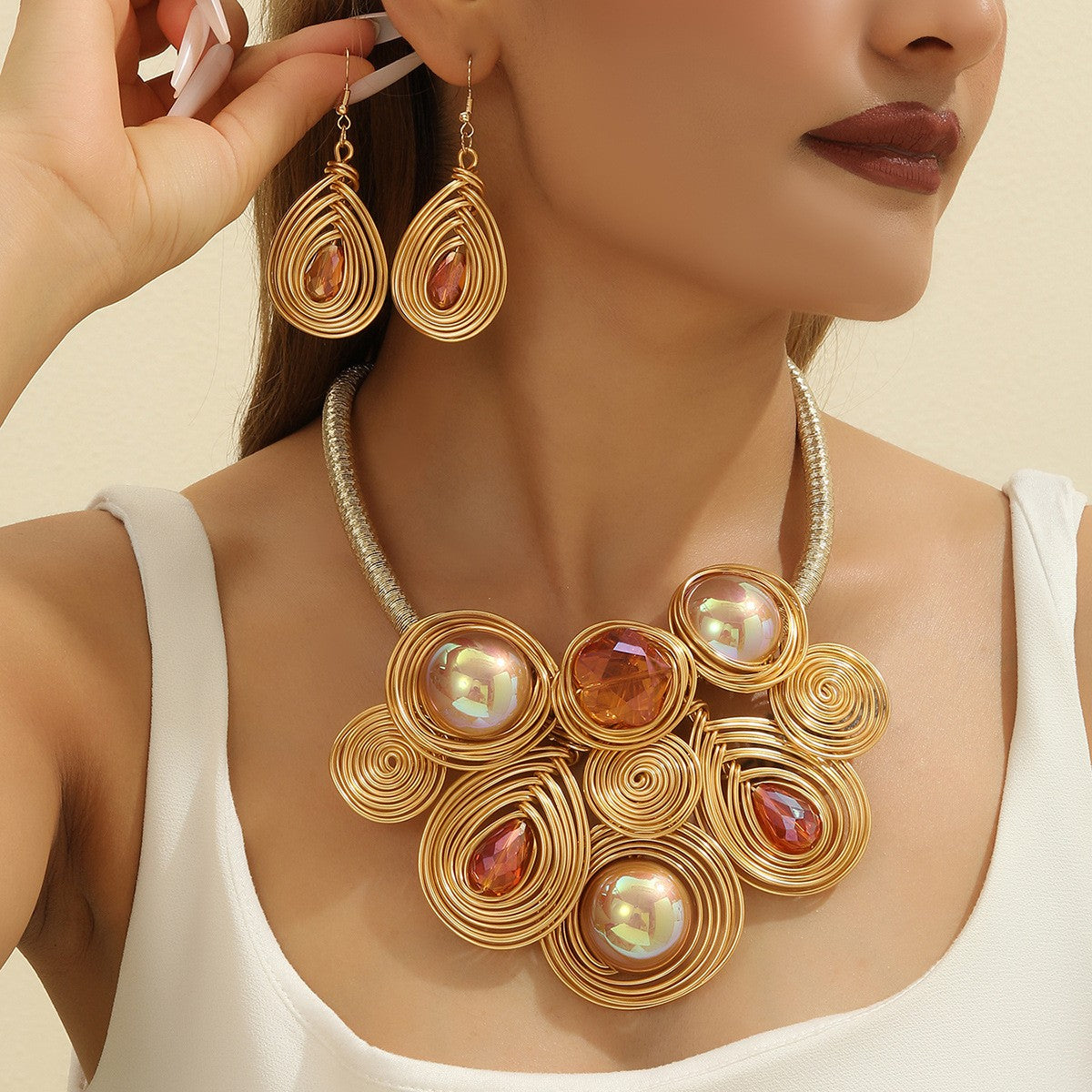Boho Multicolor Spiral Wire Necklace & Earring Set