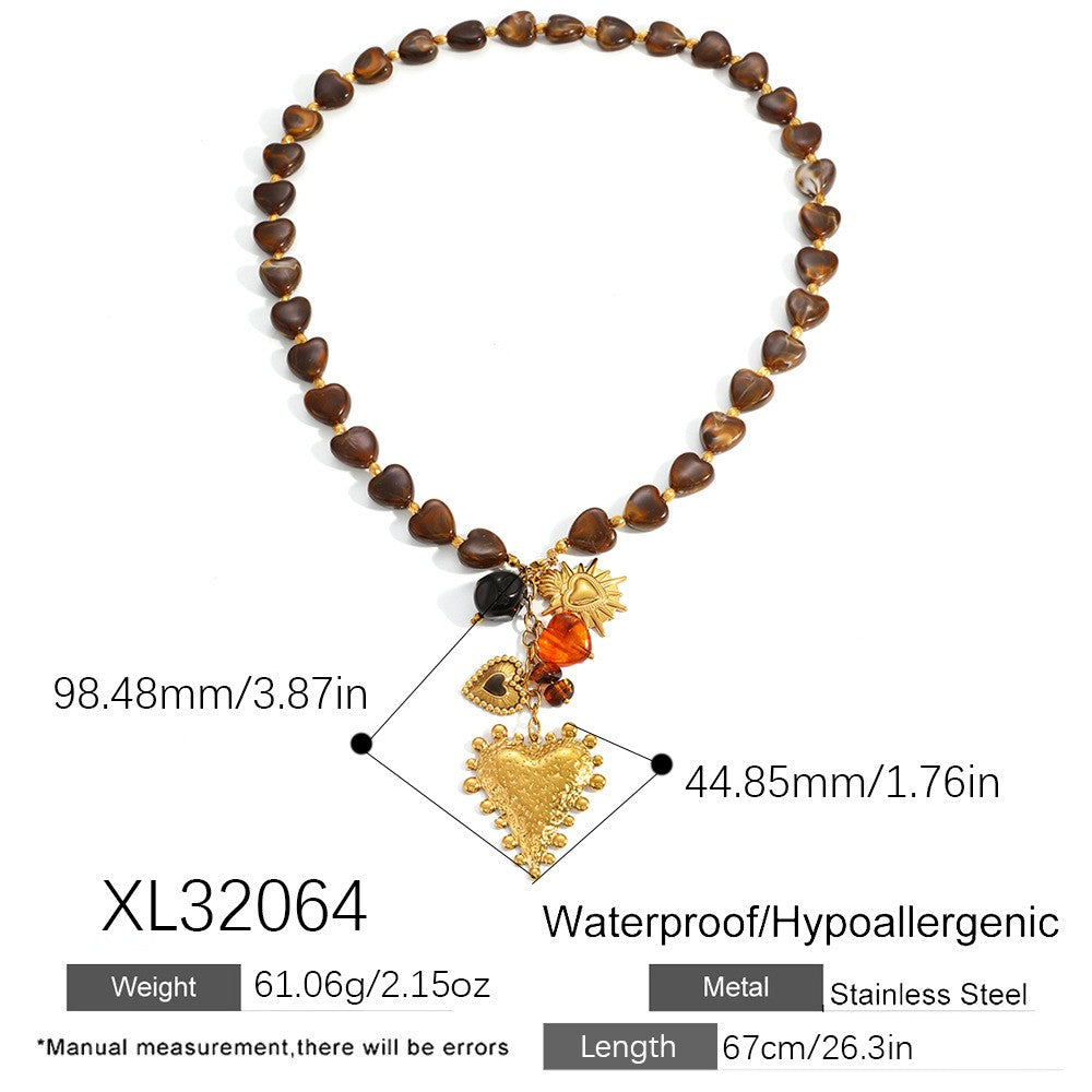 18k Vintage Resin Heart Necklace & Bracelet Set