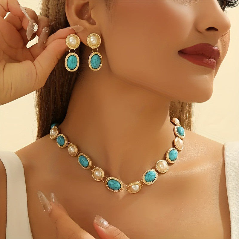 Vintage Turquoise & Pearl Necklace, Bracelet & Earring Set