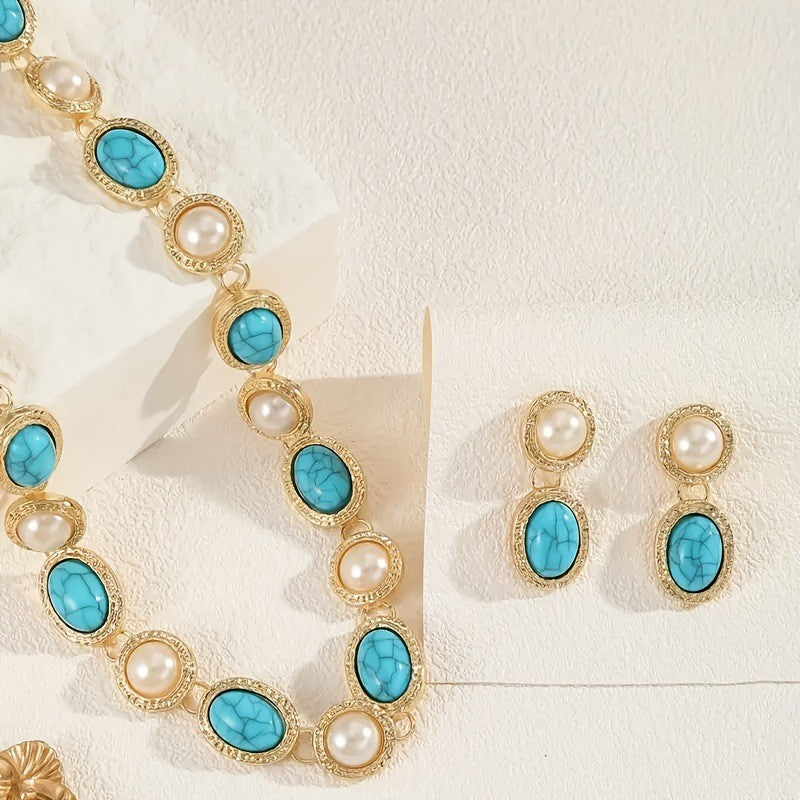 Vintage Turquoise & Pearl Necklace, Bracelet & Earring Set