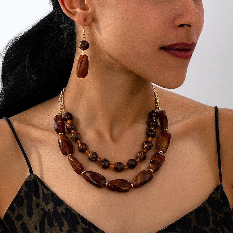 Boho Amber Bead Necklace & Earring Set