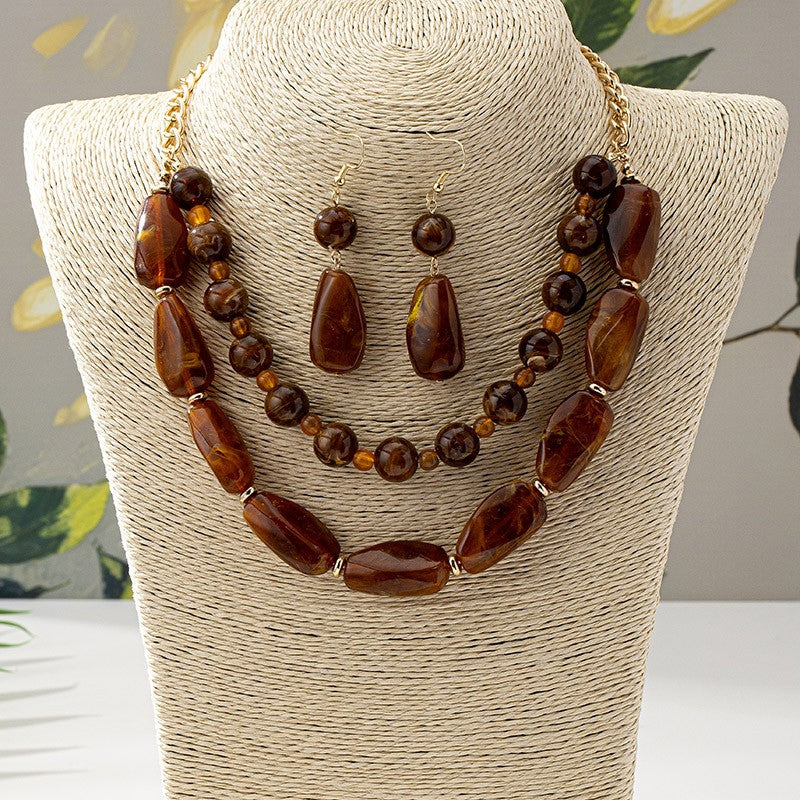Boho Amber Bead Necklace & Earring Set