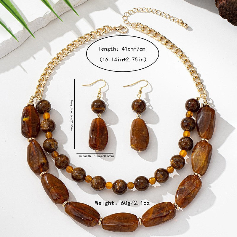 Boho Amber Bead Necklace & Earring Set