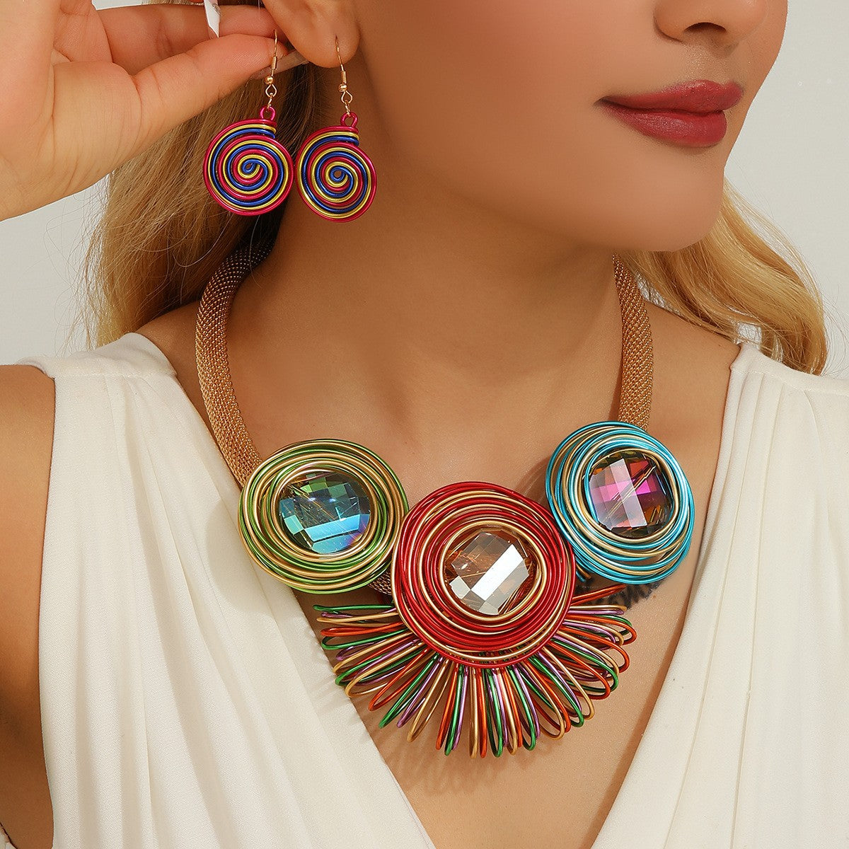 Boho Multicolor Wire Spiral Necklace & Earring Set