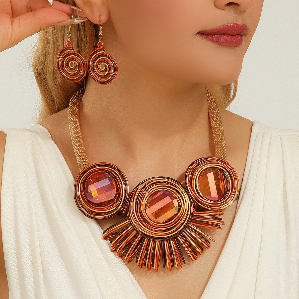Boho Multicolor Wire Spiral Necklace & Earring Set