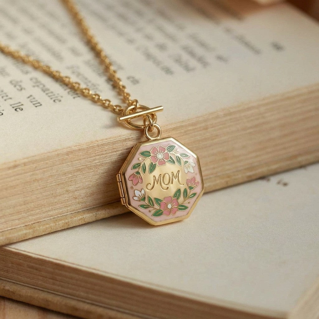 Romantic Enamel Floral Octagon Locket Necklace
