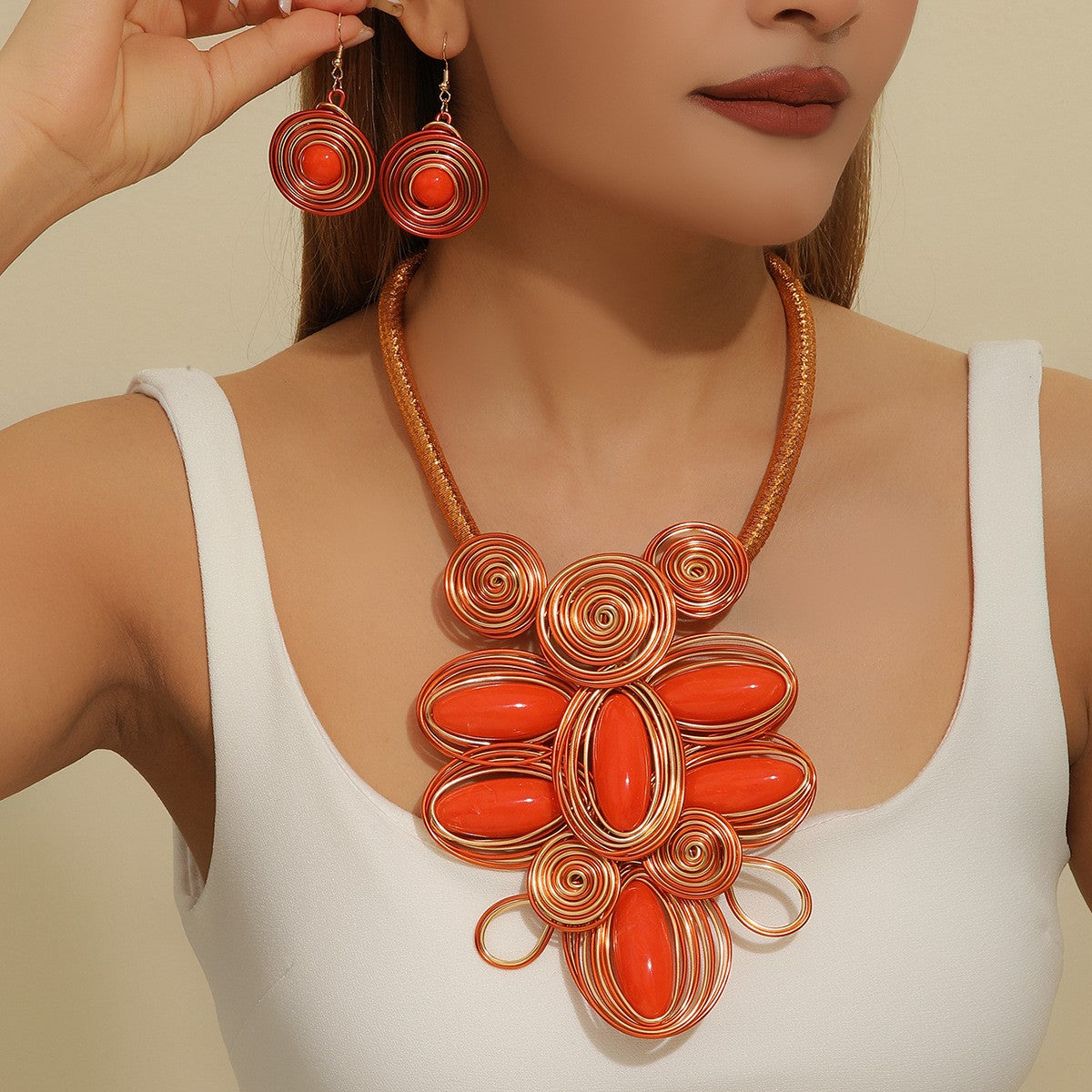 Boho Coral Wire Spiral Necklace and Earring Set