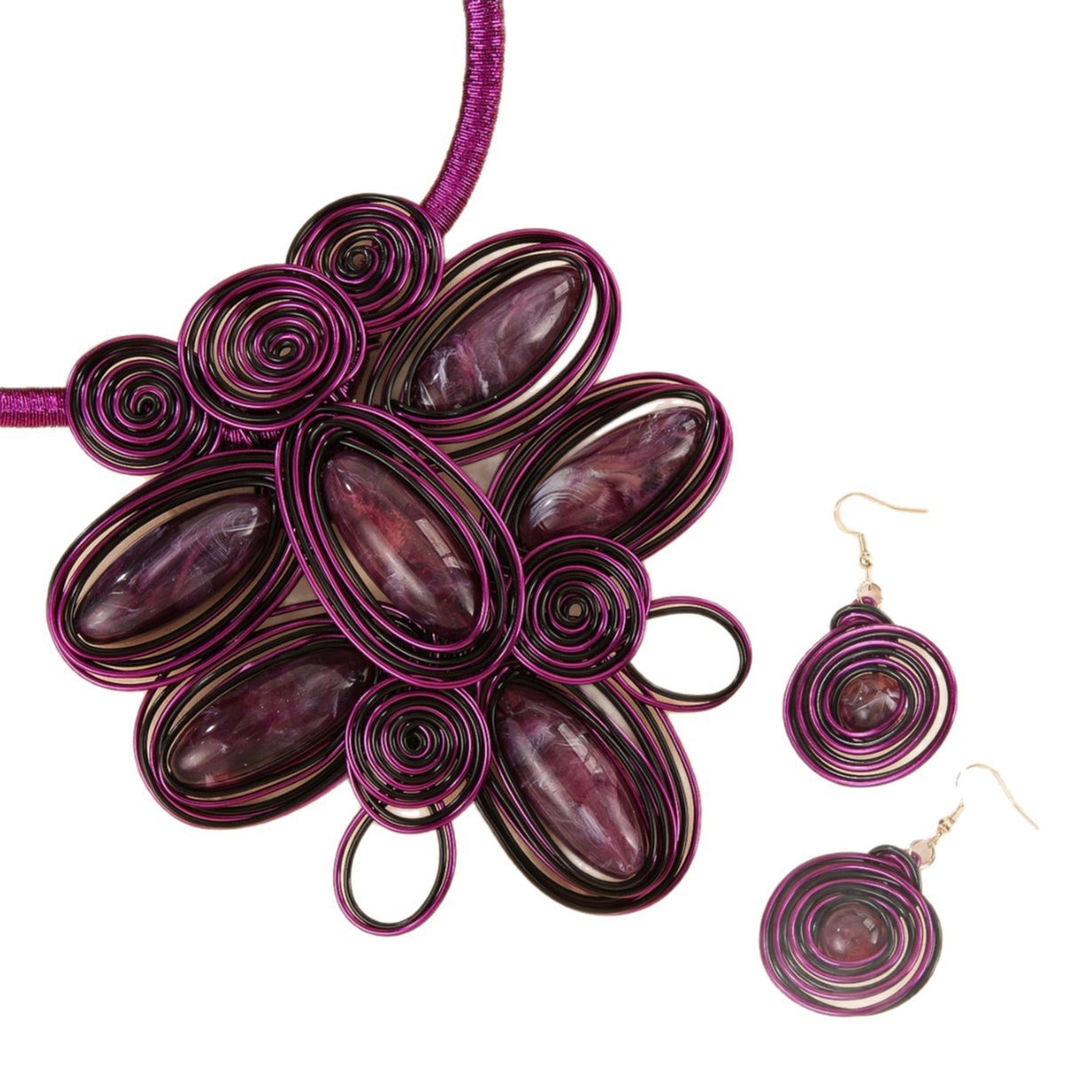 Boho Coral Wire Spiral Necklace and Earring Set