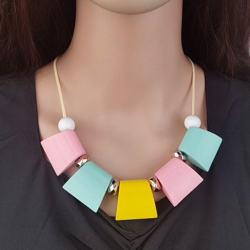Boho Geometric Wood Block Necklace