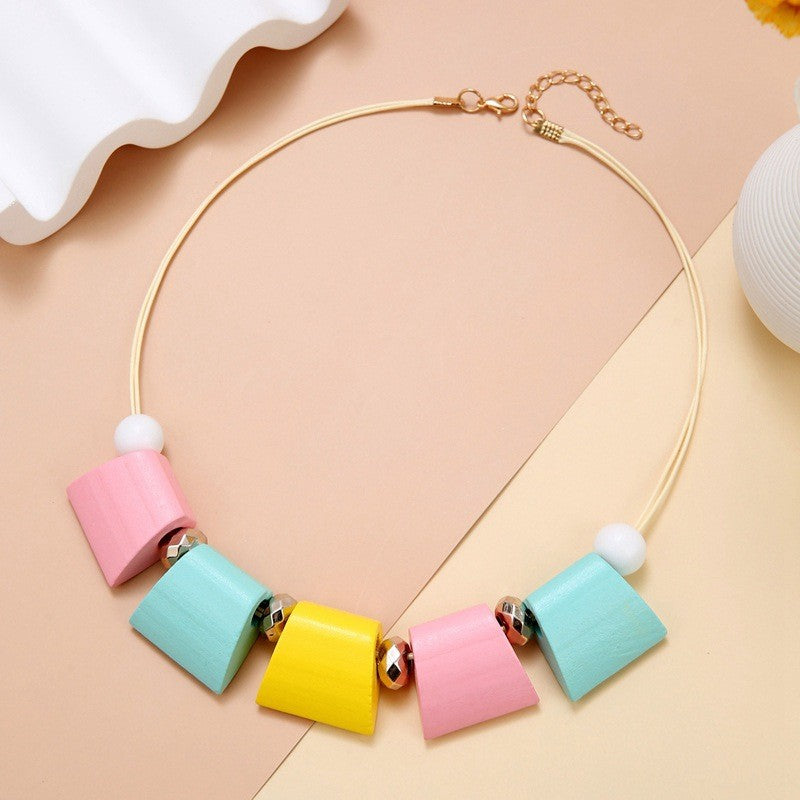 Boho Geometric Wood Block Necklace