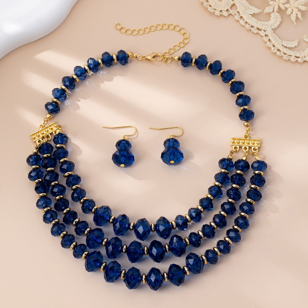 Classy Blue Faceted Bead Necklace & Earring Set