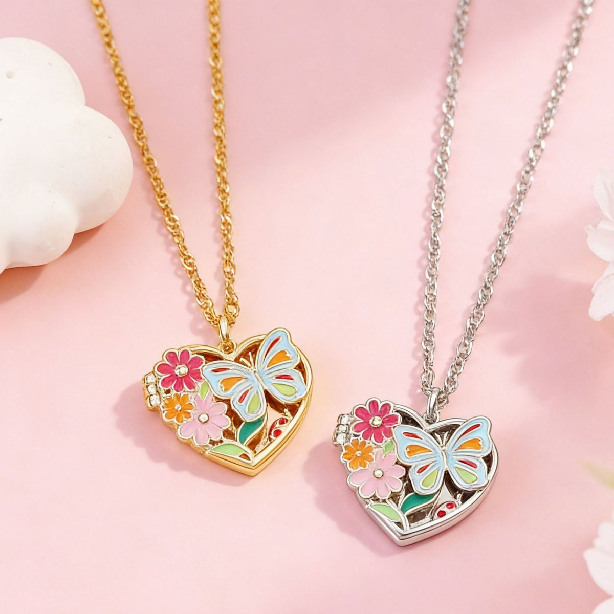 Romantic Enamel Butterfly Heart Locket Necklace