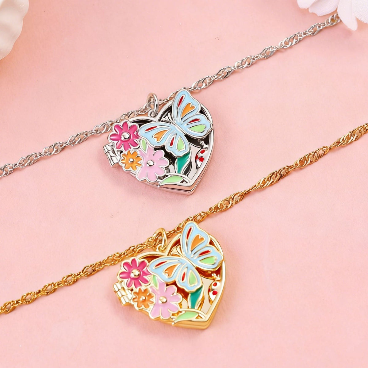 Romantic Enamel Butterfly Heart Locket Necklace
