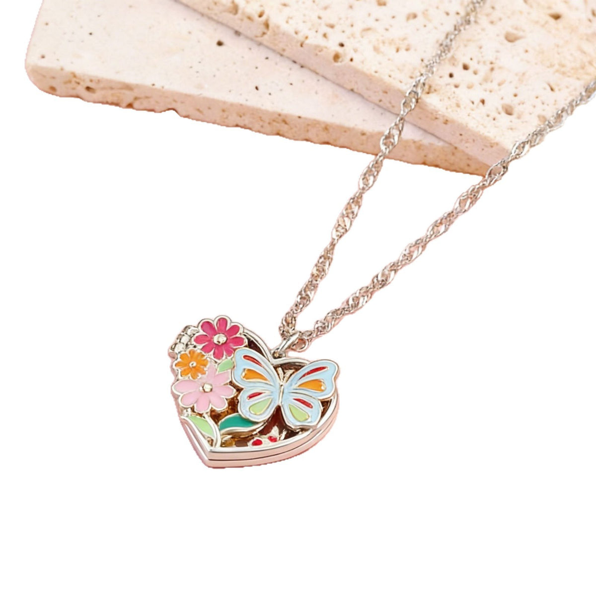 Romantic Enamel Butterfly Heart Locket Necklace