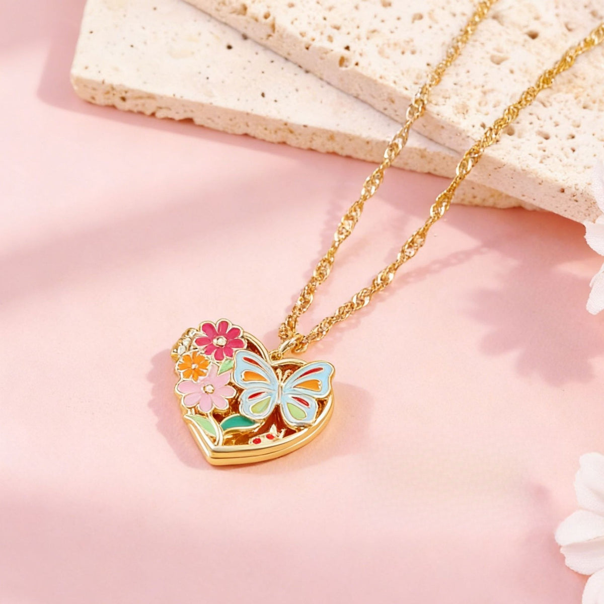 Romantic Enamel Butterfly Heart Locket Necklace
