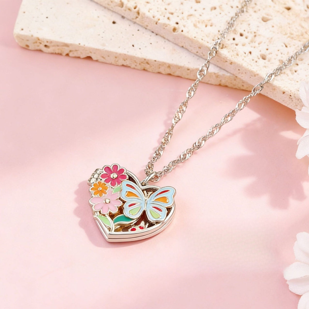 Romantic Enamel Butterfly Heart Locket Necklace
