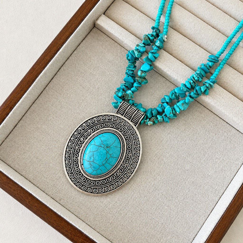 Boho Vintage Turquoise Oval Pendant Necklace