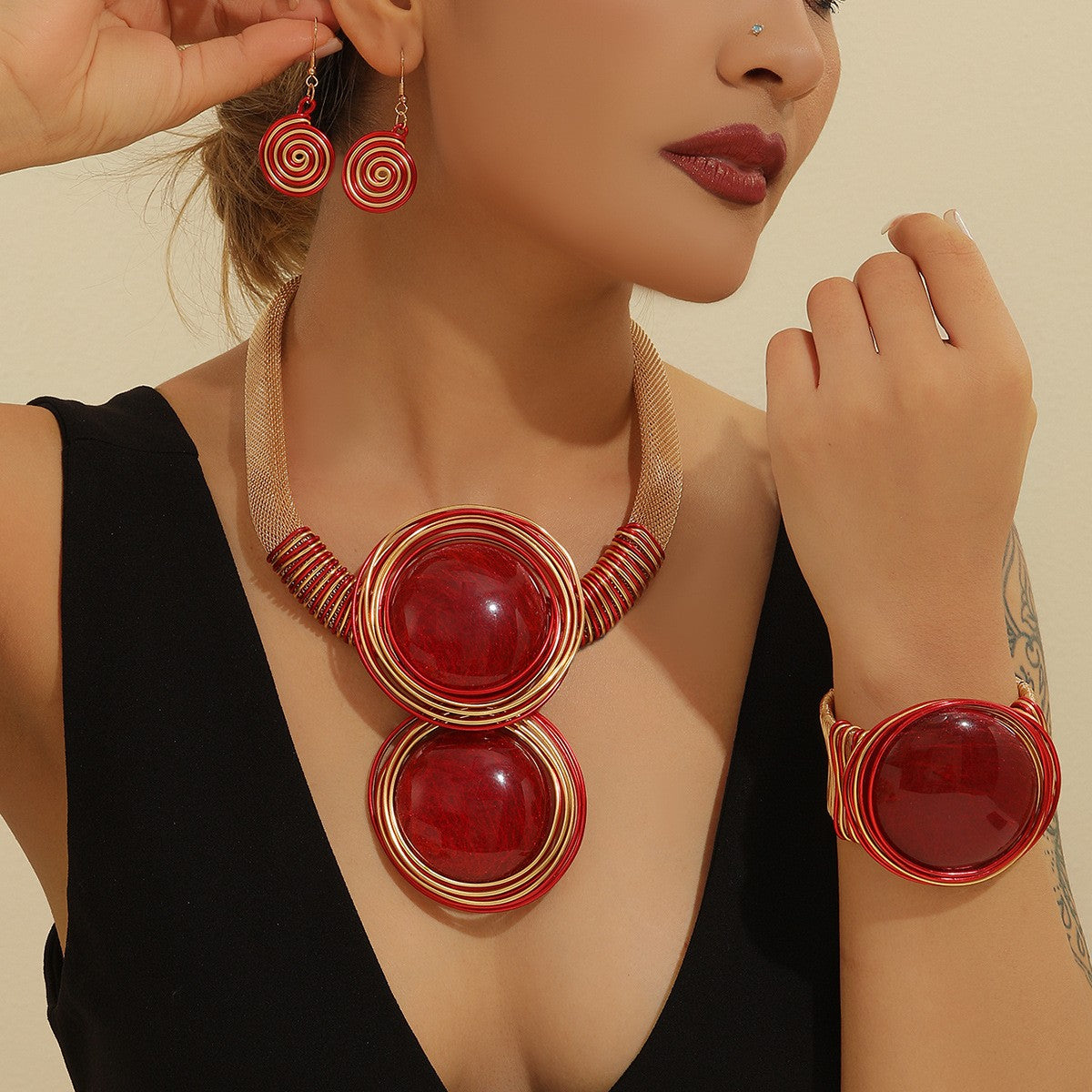 Boho Red Enamel Disc Necklace, Bracelet & Earring Set