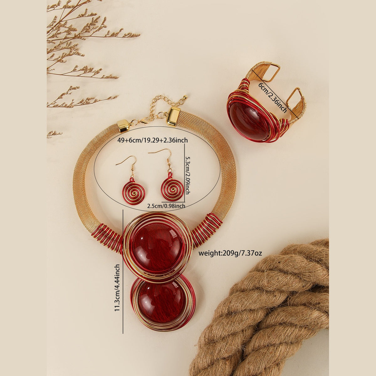 Boho Red Enamel Disc Necklace, Bracelet & Earring Set
