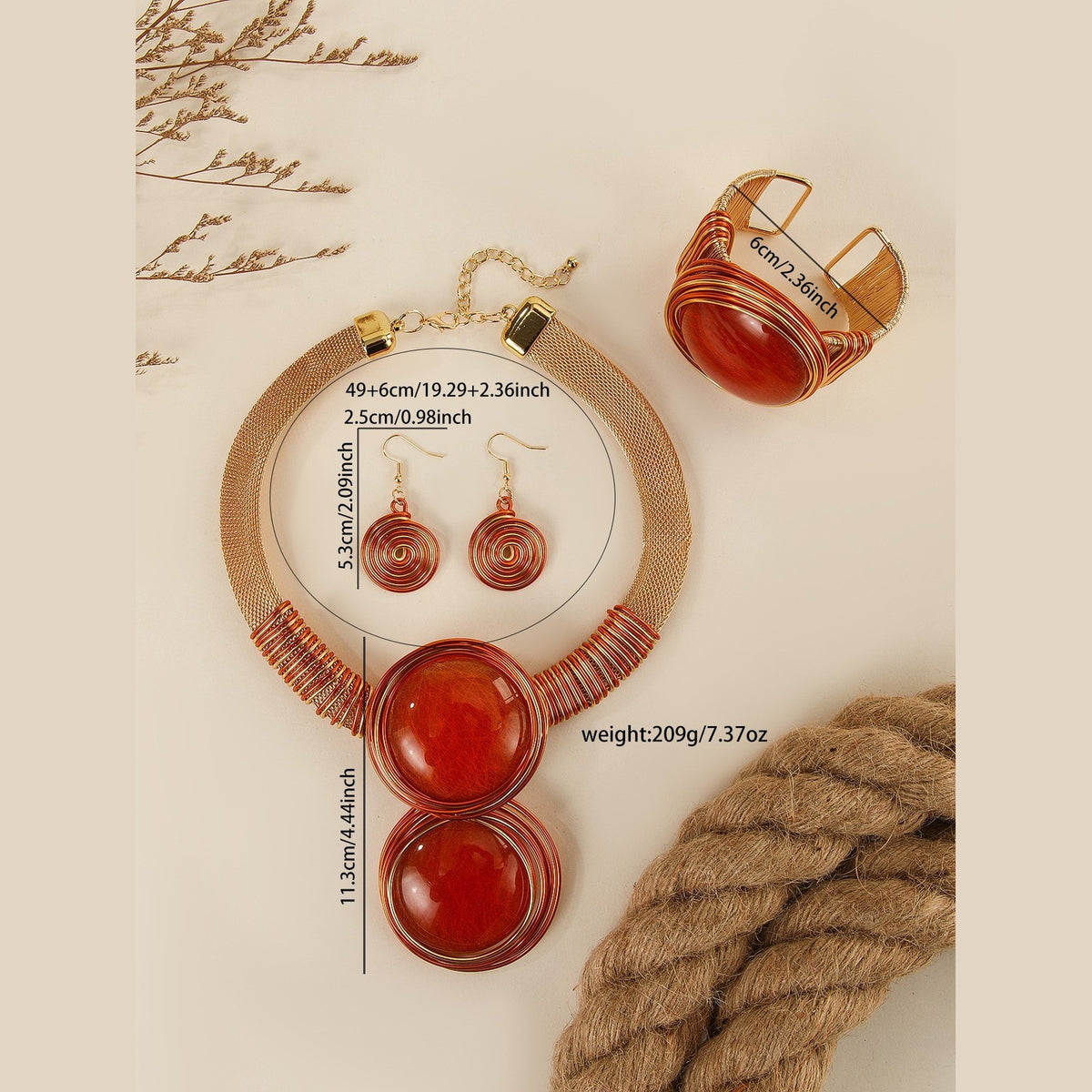 Boho Red Enamel Disc Necklace, Bracelet & Earring Set