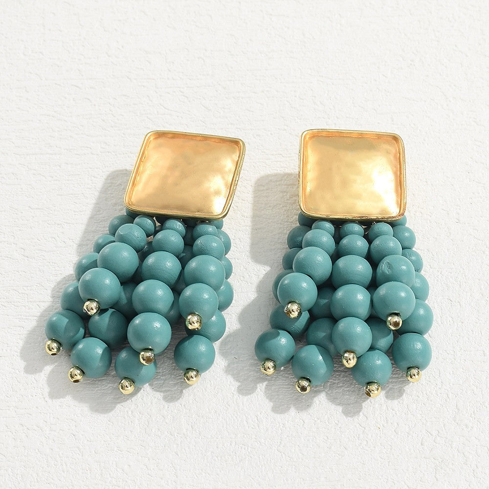 Boho Red Bead Square Dangle Earrings