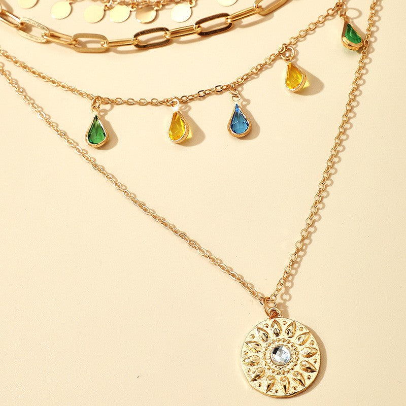 Boho Layered Teardrop & Medallion Necklace