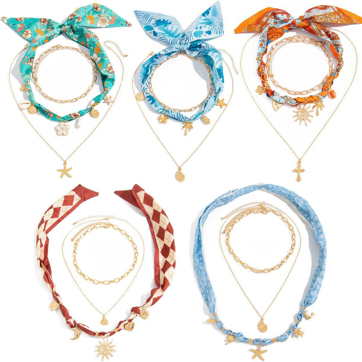 Boho Blue Scarf Starfish Layered Necklace