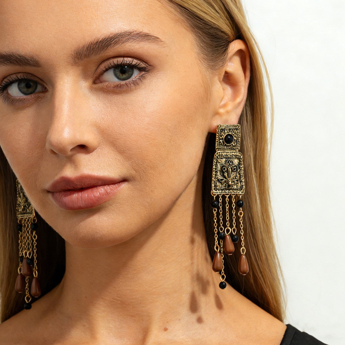 Vintage Carved Rectangle Tassel Earrings