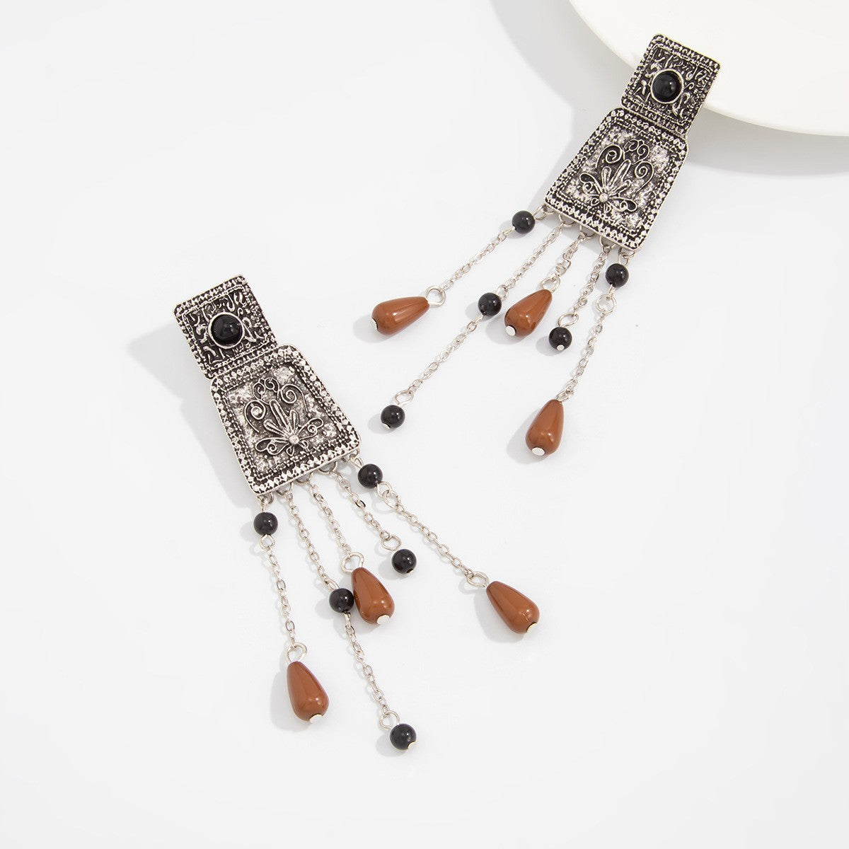 Vintage Carved Rectangle Tassel Earrings
