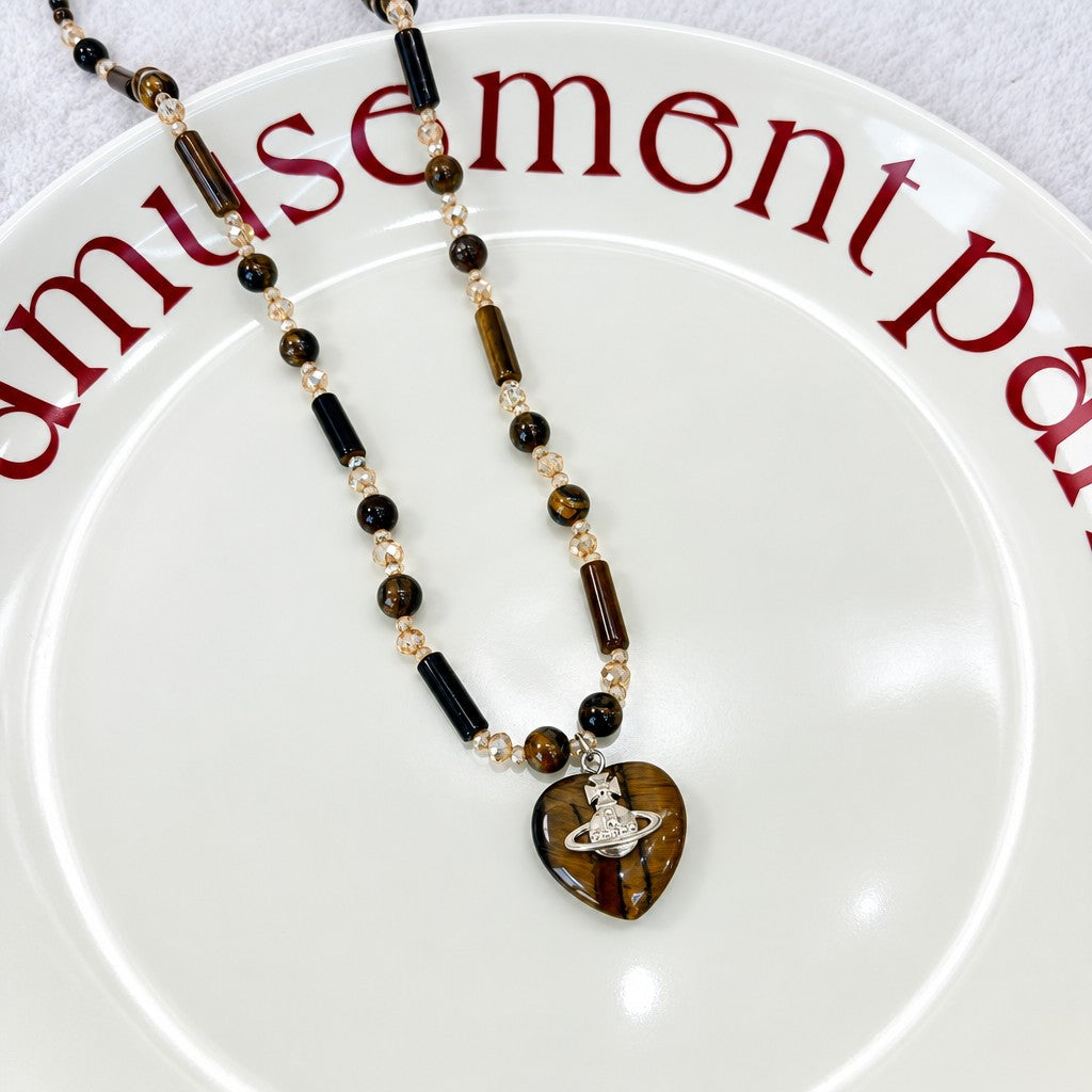 Boho Tiger Eye Saturn Heart Necklace