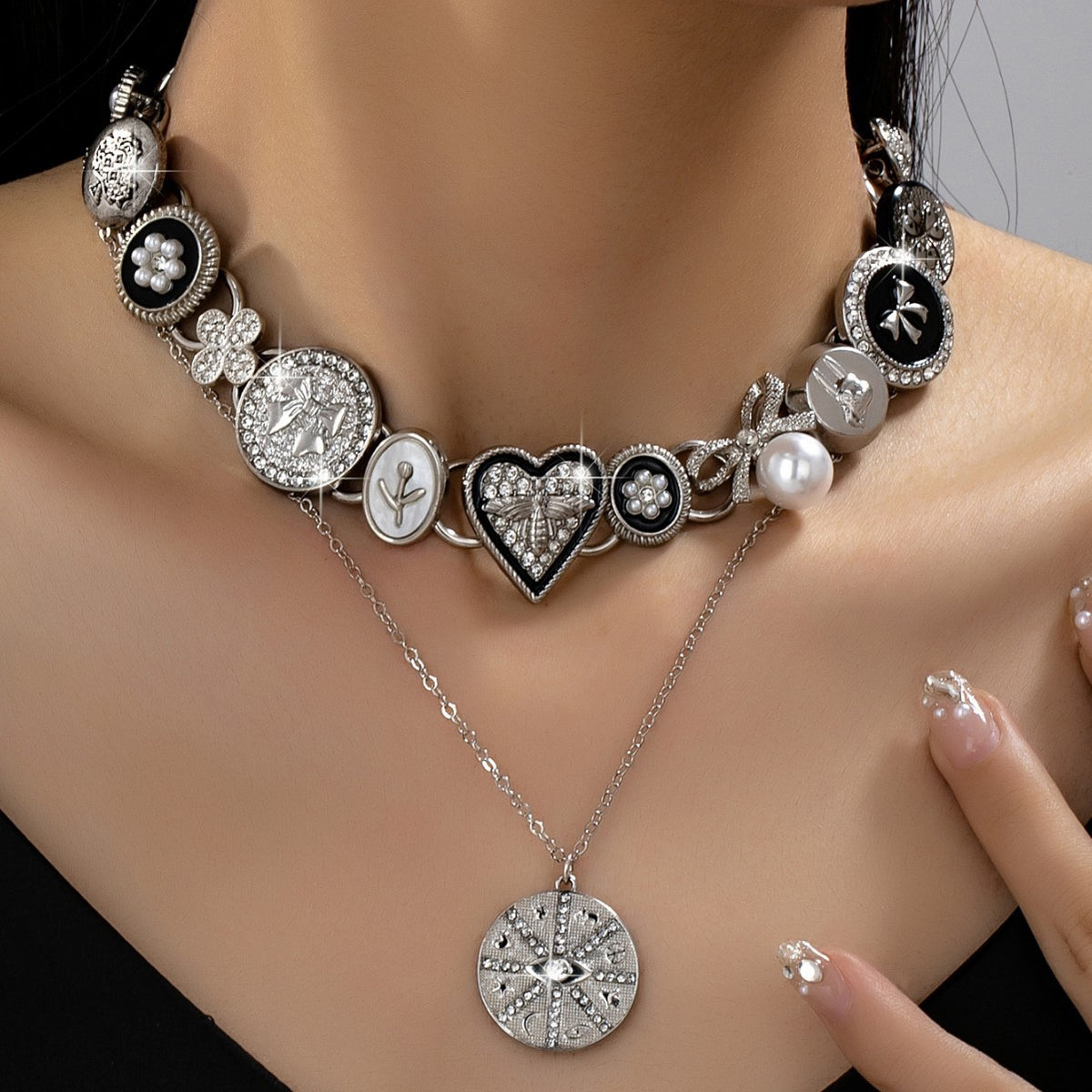 Gothic Heart Bee & Coin Layered Necklace