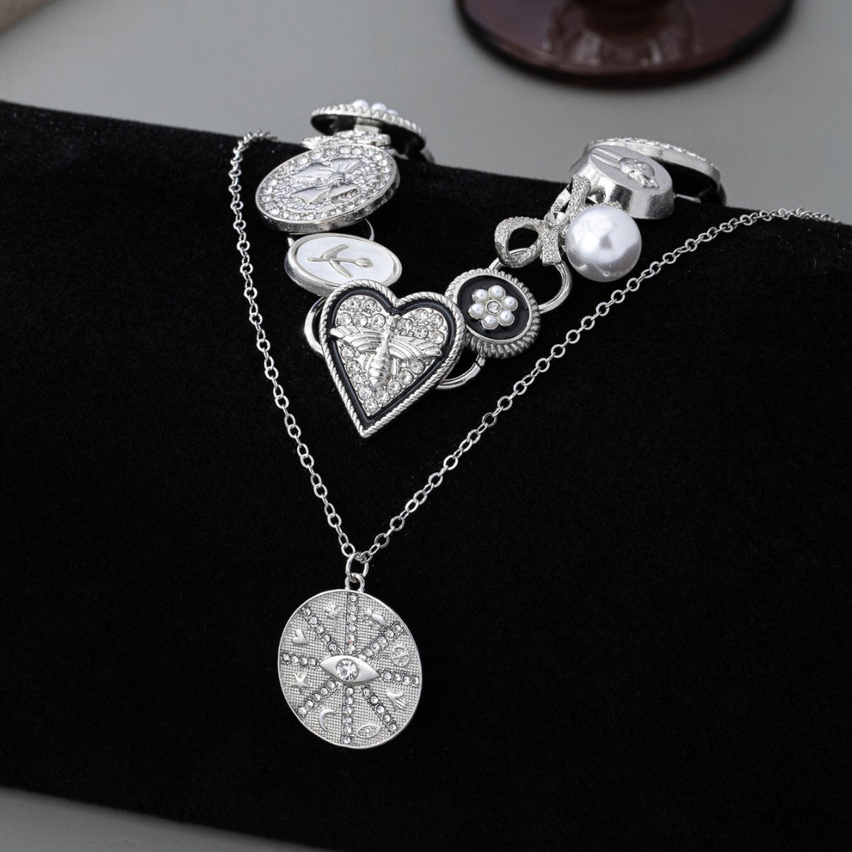 Gothic Heart Bee & Coin Layered Necklace