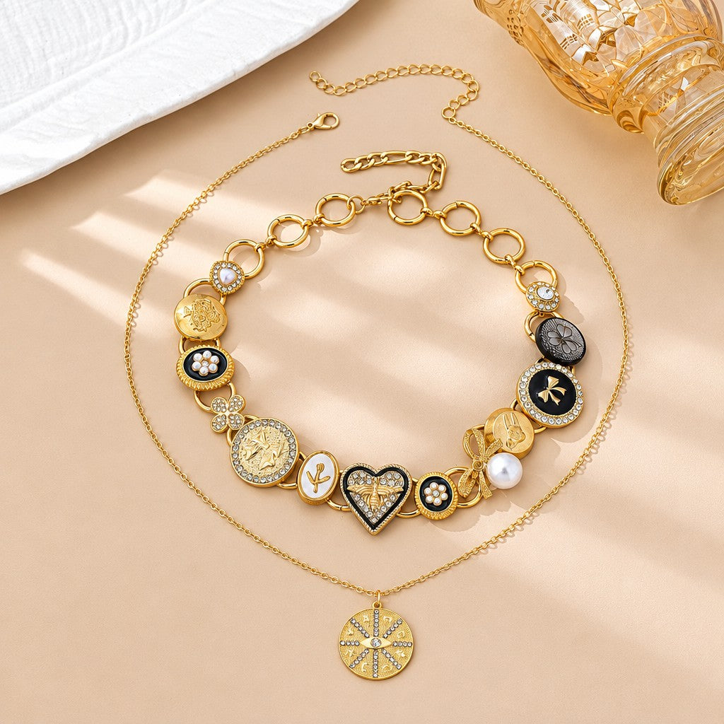 Gothic Heart Bee & Coin Layered Necklace