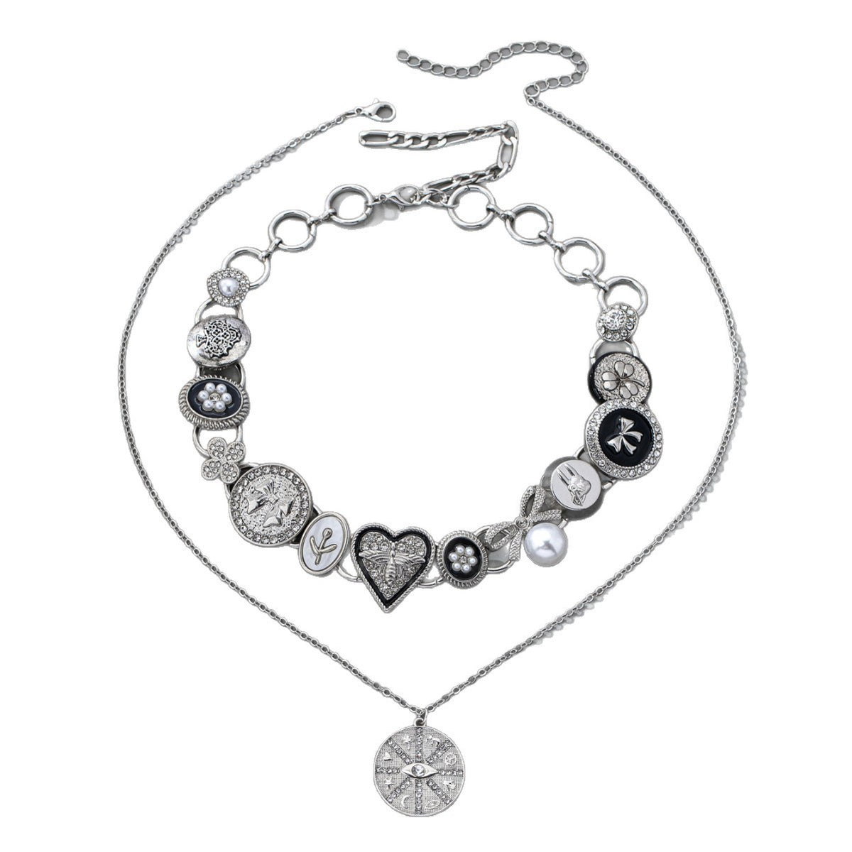 Gothic Heart Bee & Coin Layered Necklace