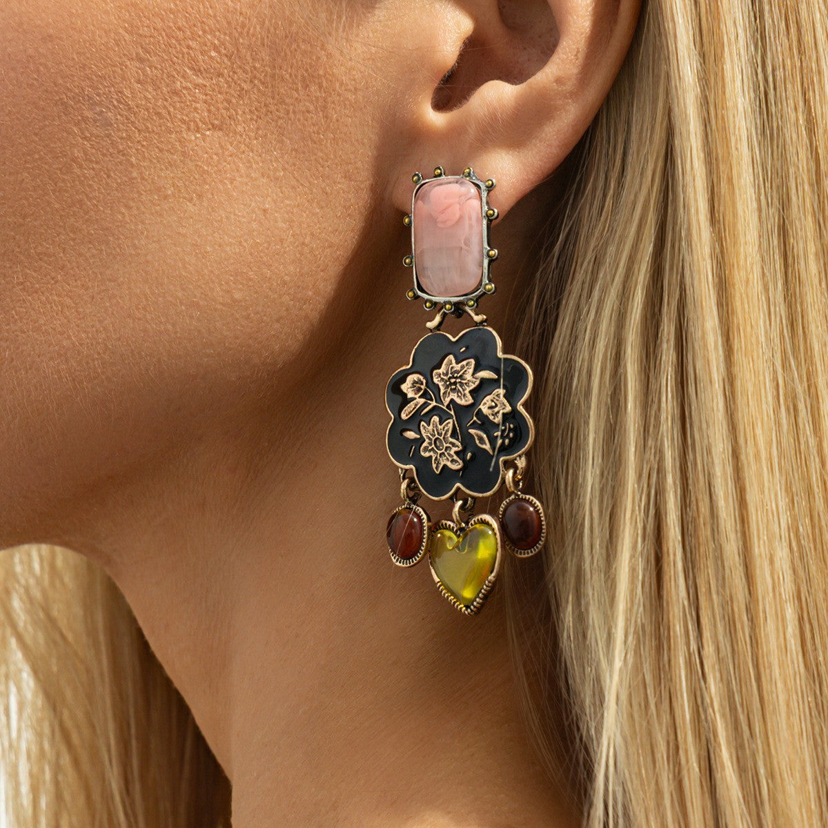 Boho Vintage Floral Heart Drop Earrings