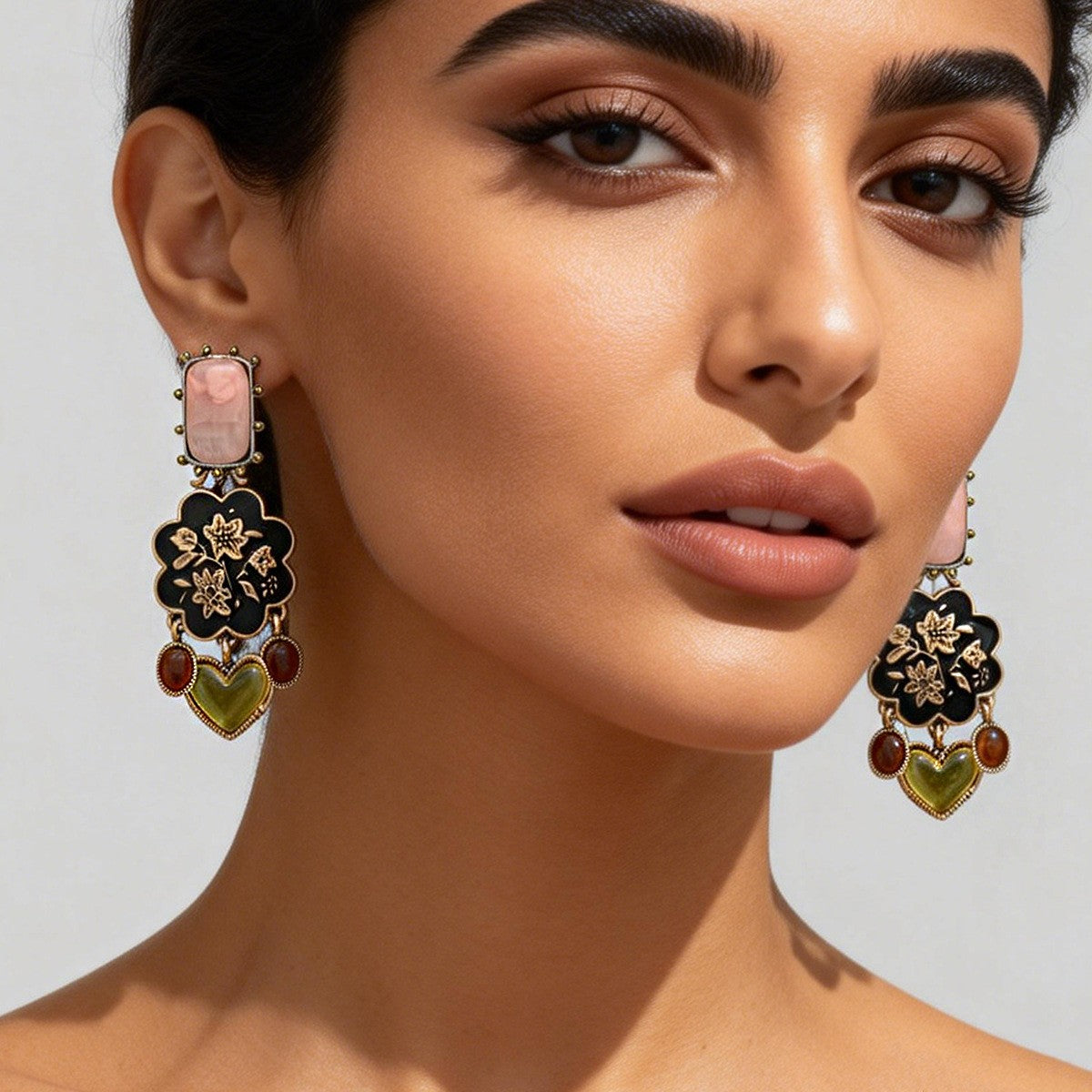 Boho Vintage Floral Heart Drop Earrings