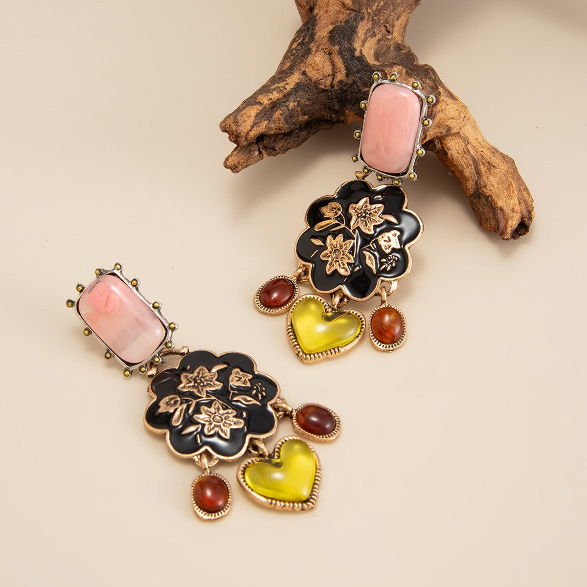 Boho Vintage Floral Heart Drop Earrings