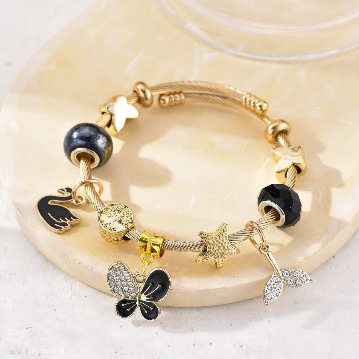 Classy Black Butterfly & Swan Charm Bangle