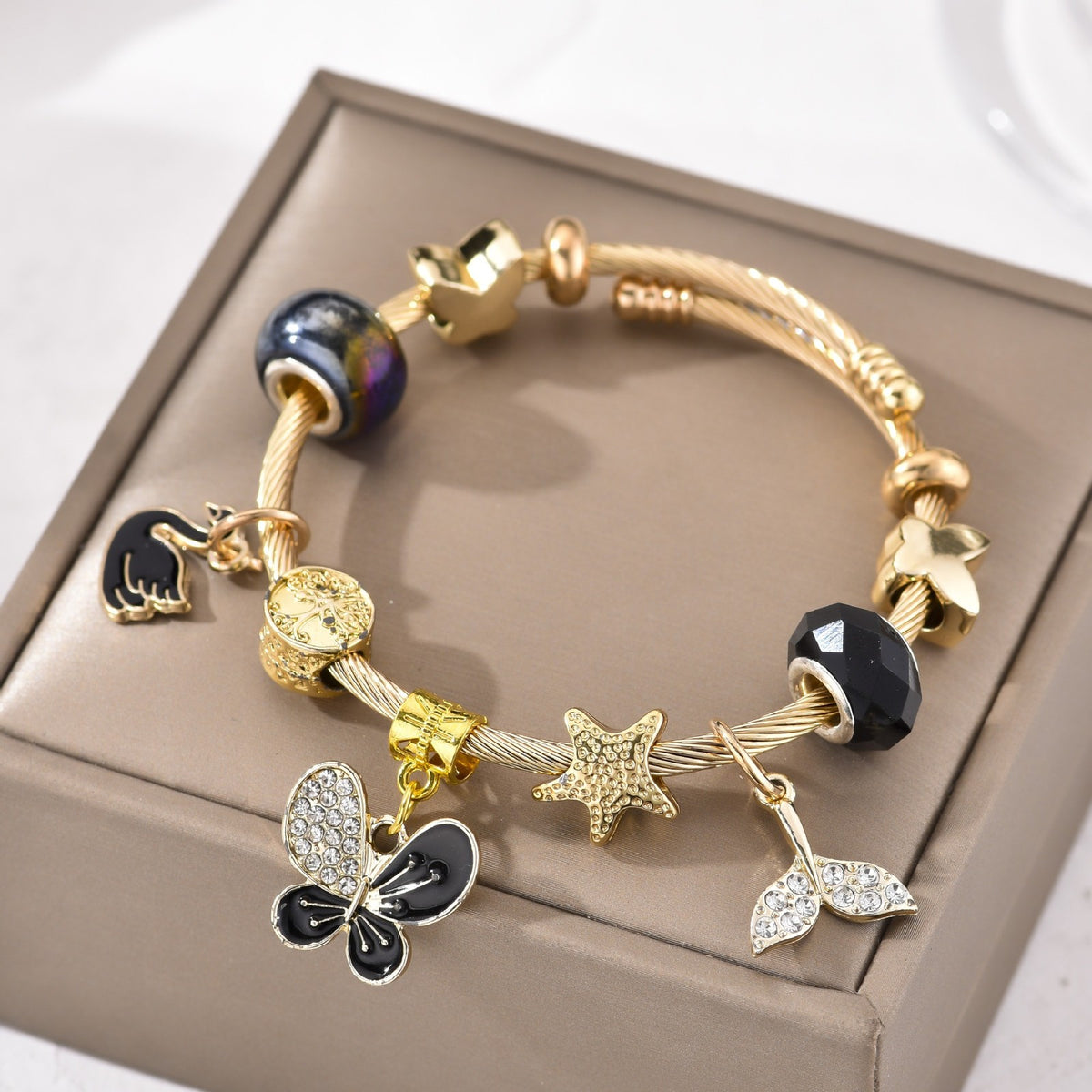 Classy Black Butterfly & Swan Charm Bangle