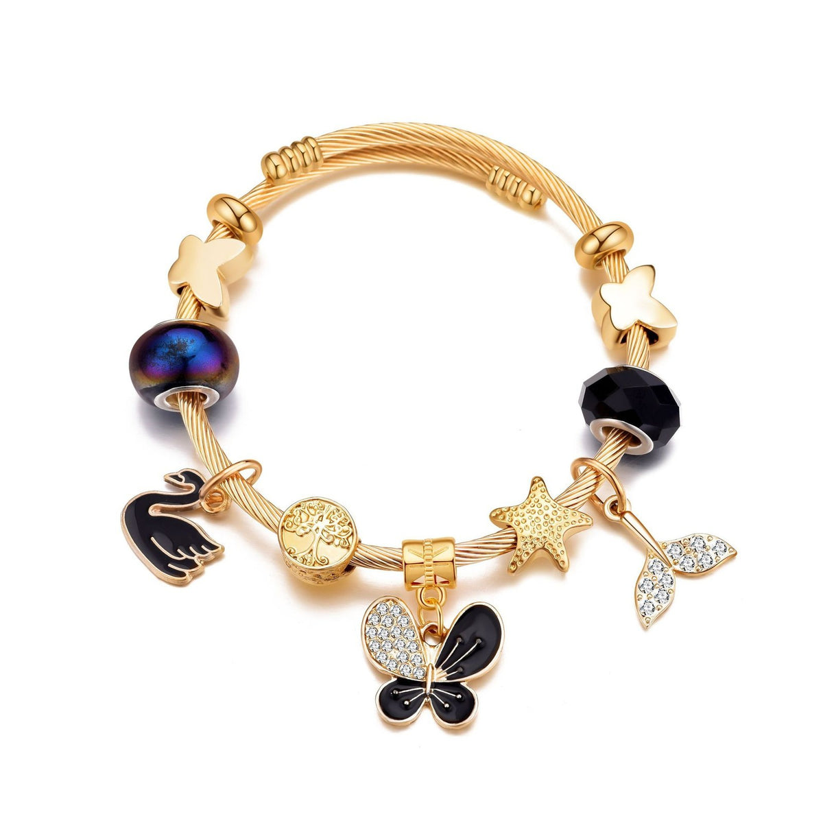 Classy Black Butterfly & Swan Charm Bangle