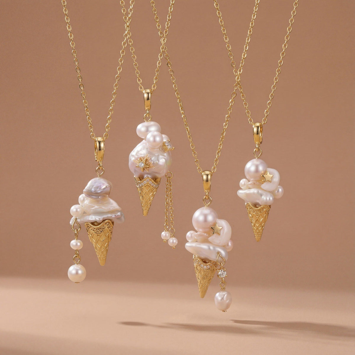 Dainty Pink Pearl Ice Cream Cone Necklace