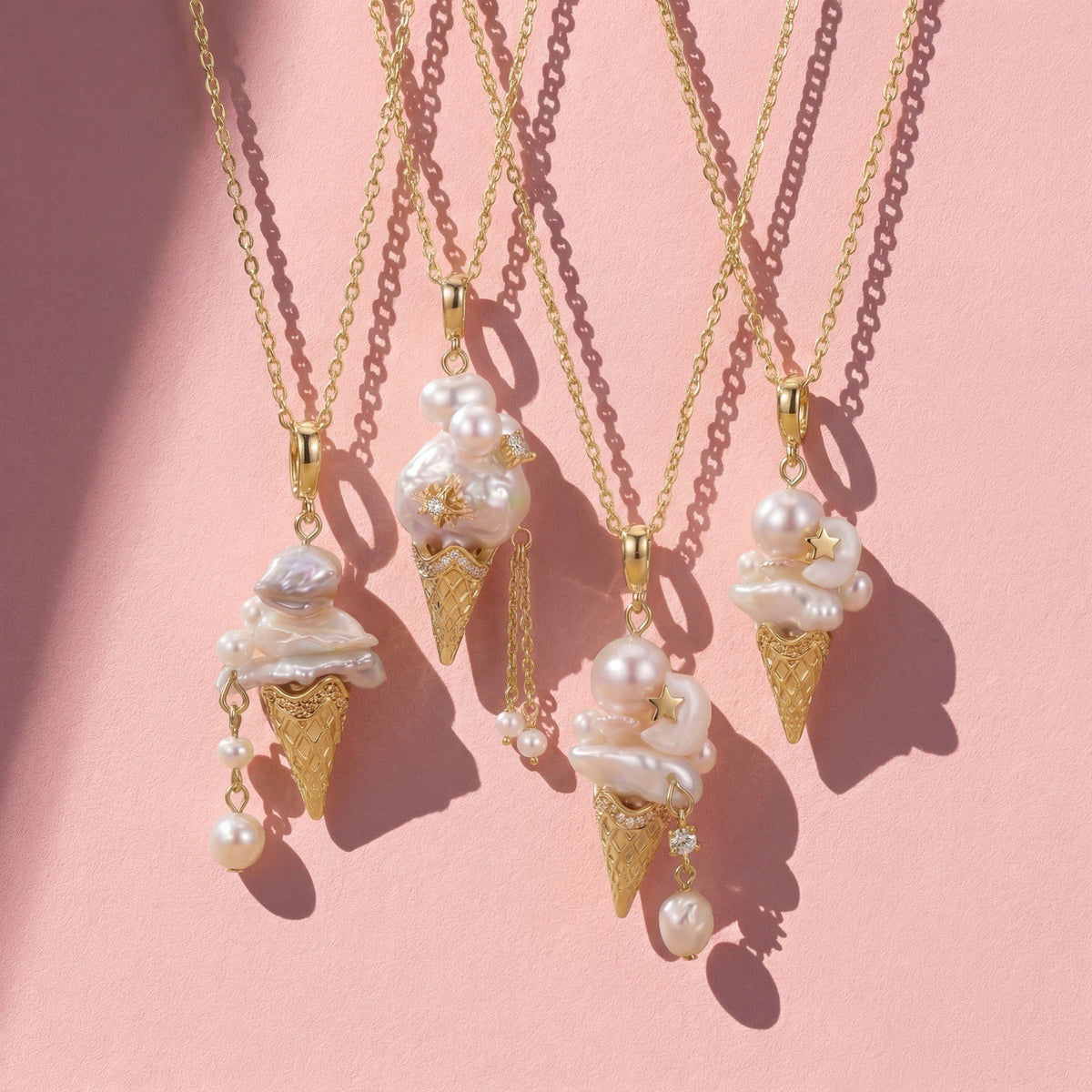 Dainty Pink Pearl Ice Cream Cone Necklace