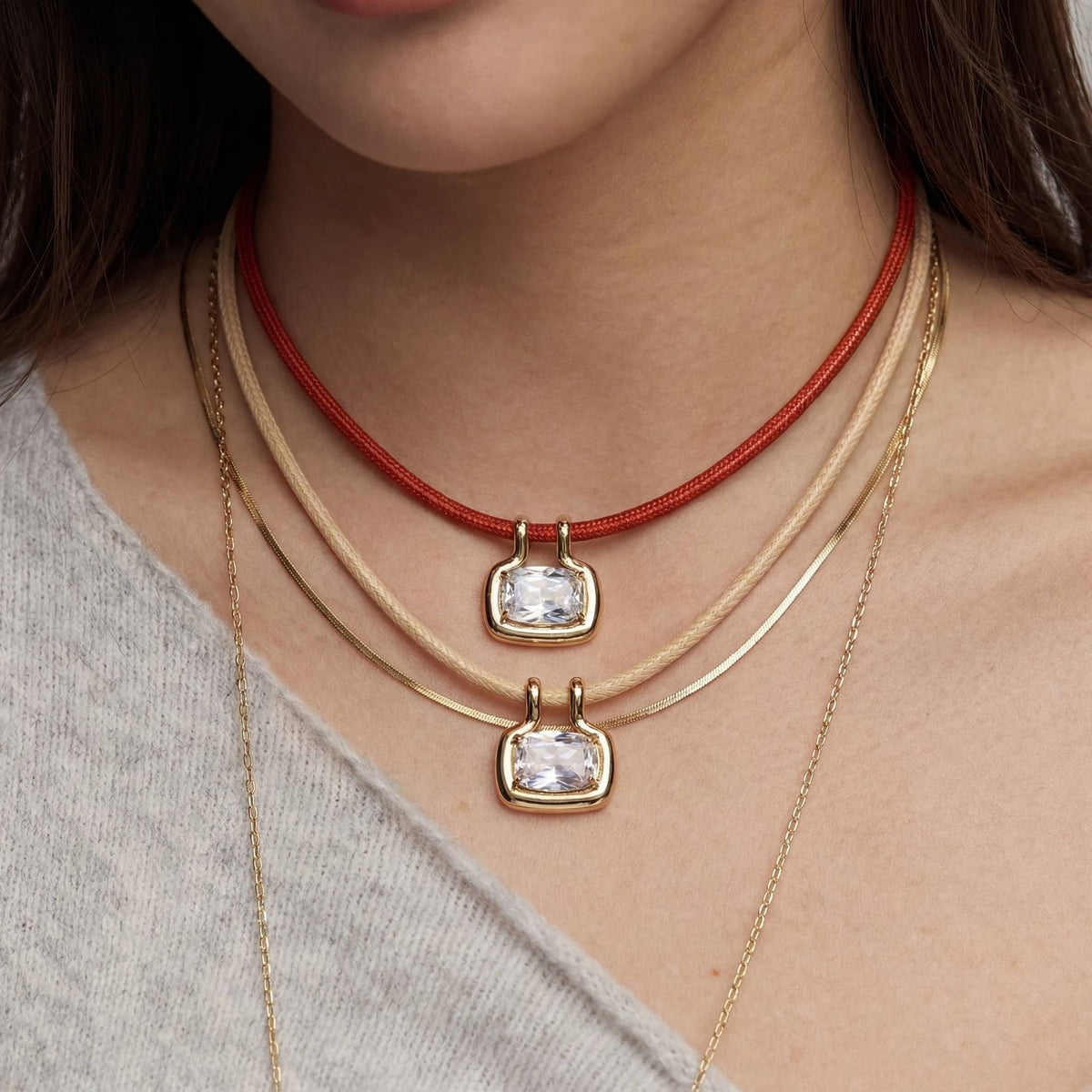 Boho Layered Square Crystal Cord Necklace