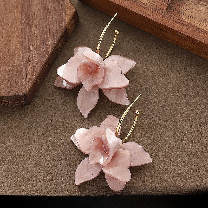 Romantic Pink Resin Flower Hoop Earrings