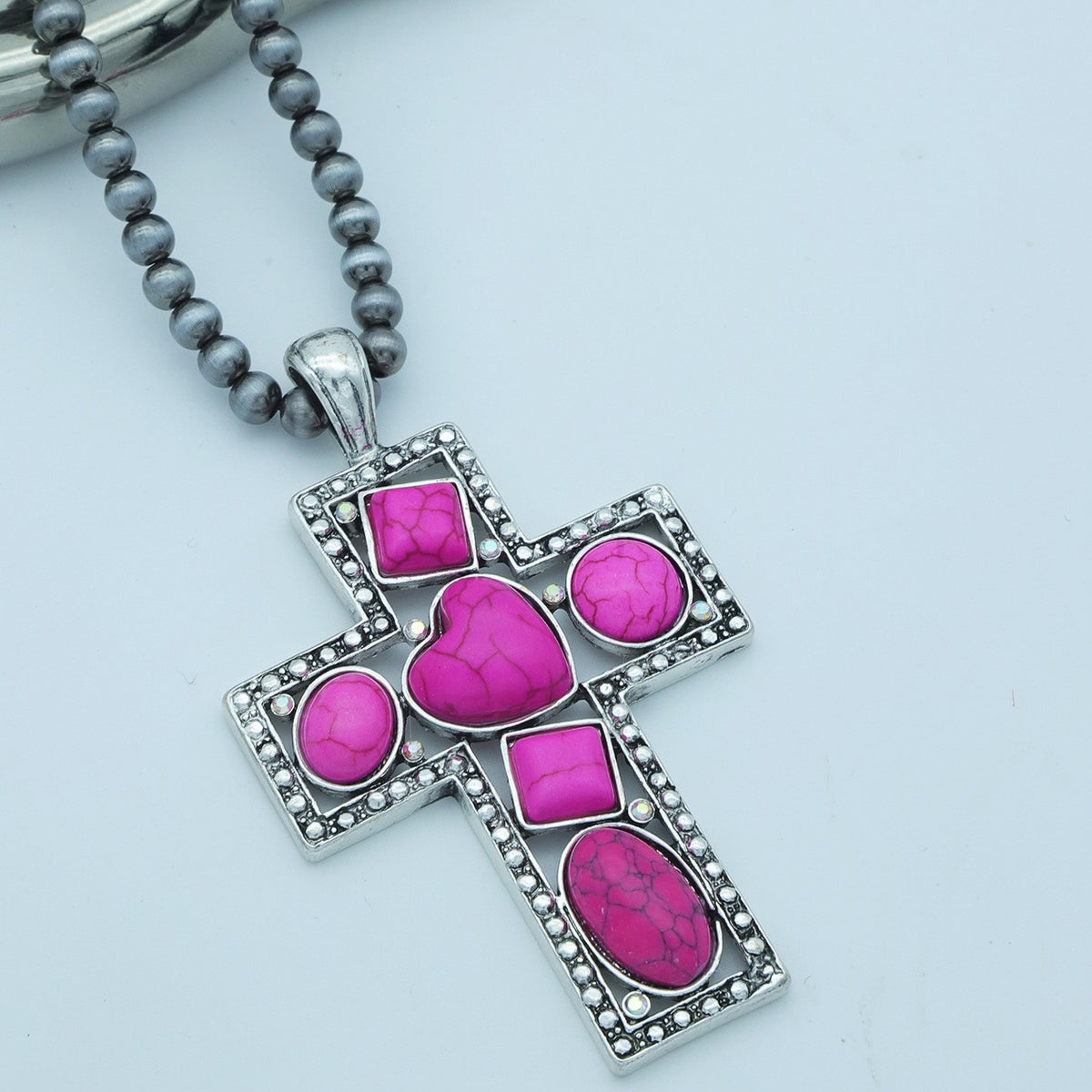 Boho Fuchsia Stone Cross Necklace